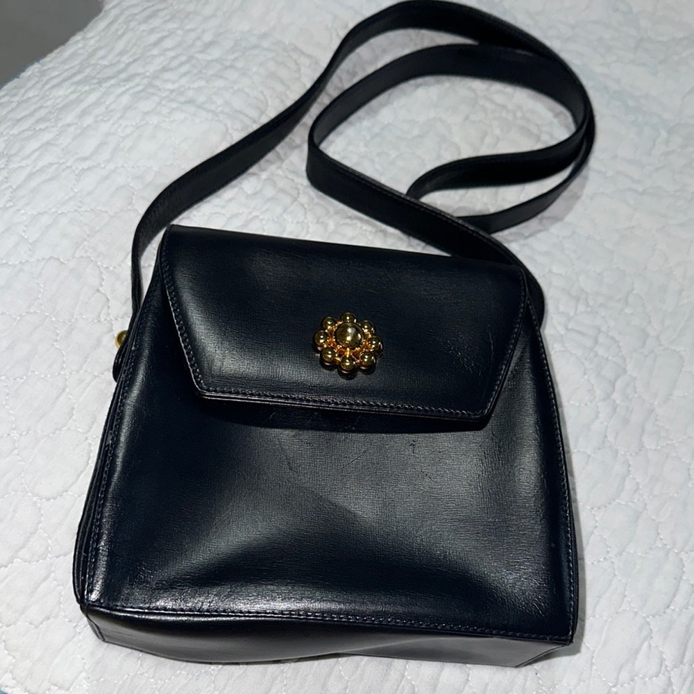 Paloma Picasso Vintage Elegant navy Blue Leather Bag with Gold buckle